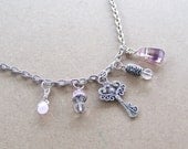 Charmed Necklace Ornate Key Rose Quartz Natural Fluorite Gemstone Fringe Necklace