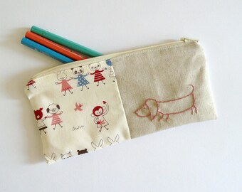 Embroidered sausage dog with cute little critters fabric back to school pencil case