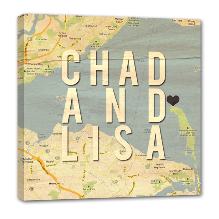 Romantic Map with Names Art Customized with Places and Names 10X10 Custom Canvas