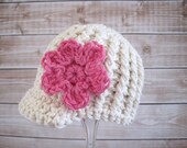 Crochet Baby Hat, Baby Newsboy Hat, Baby Girl Hat, Baby Beanie, Ecru, Pink Flower Hat