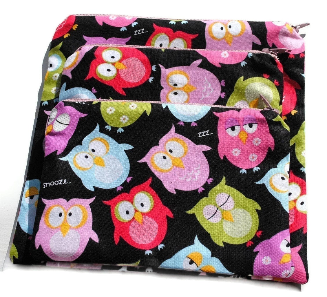 Handmade Reusable Sandwich Snack Zipper Bags set of 3 Owls