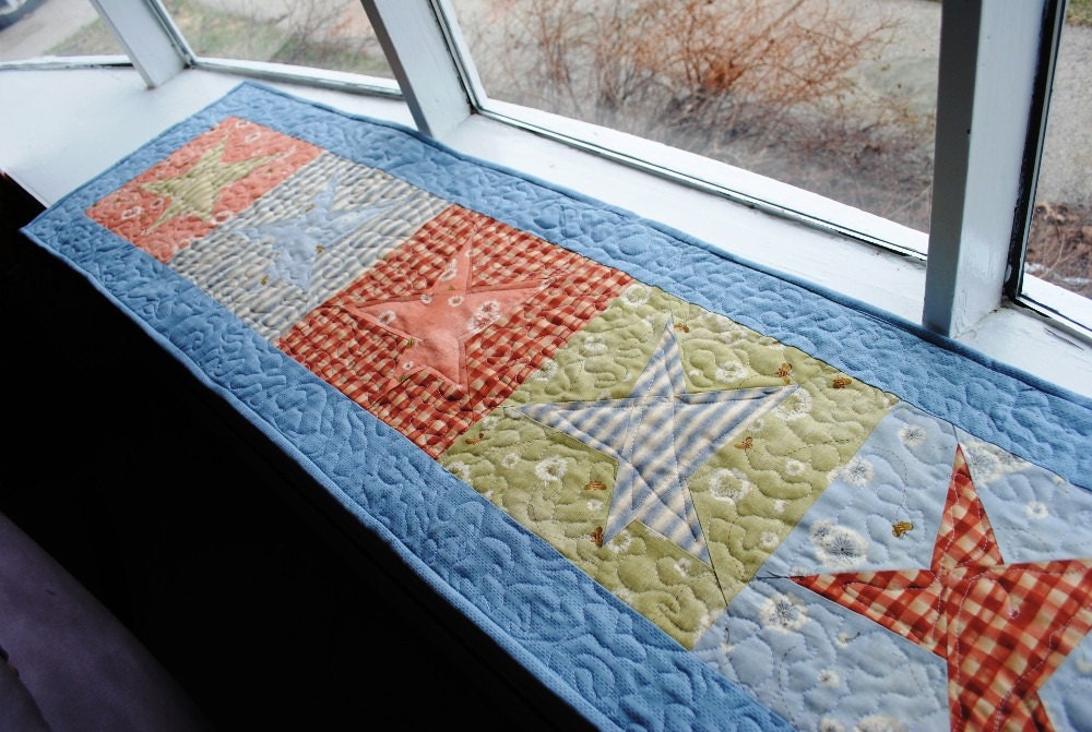 Quilted Table Runner Primitive Stars Blue Red Green Pink  Wallhanging Quilt