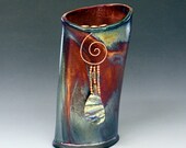 Iridescent Blue Green Copper Oval Raku Vase