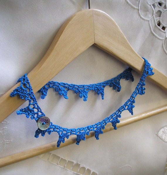 Bright Blue crochet necklace with lace wing motif