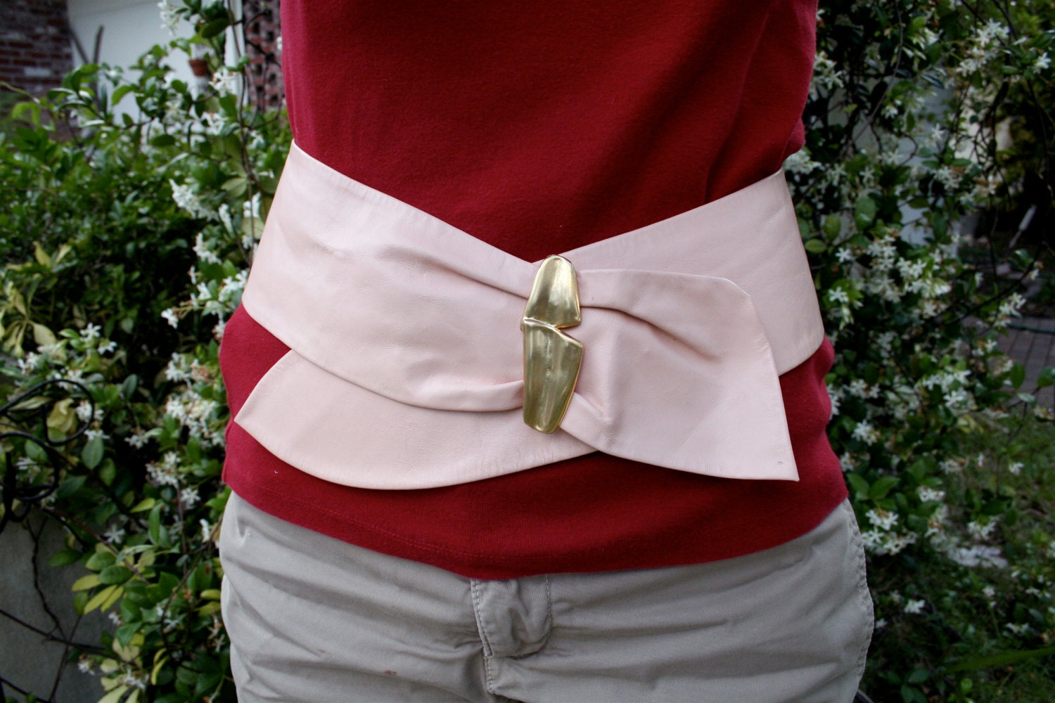 Pink Wide Leather Belt by The Leather Shop.  Gold decorative buckle