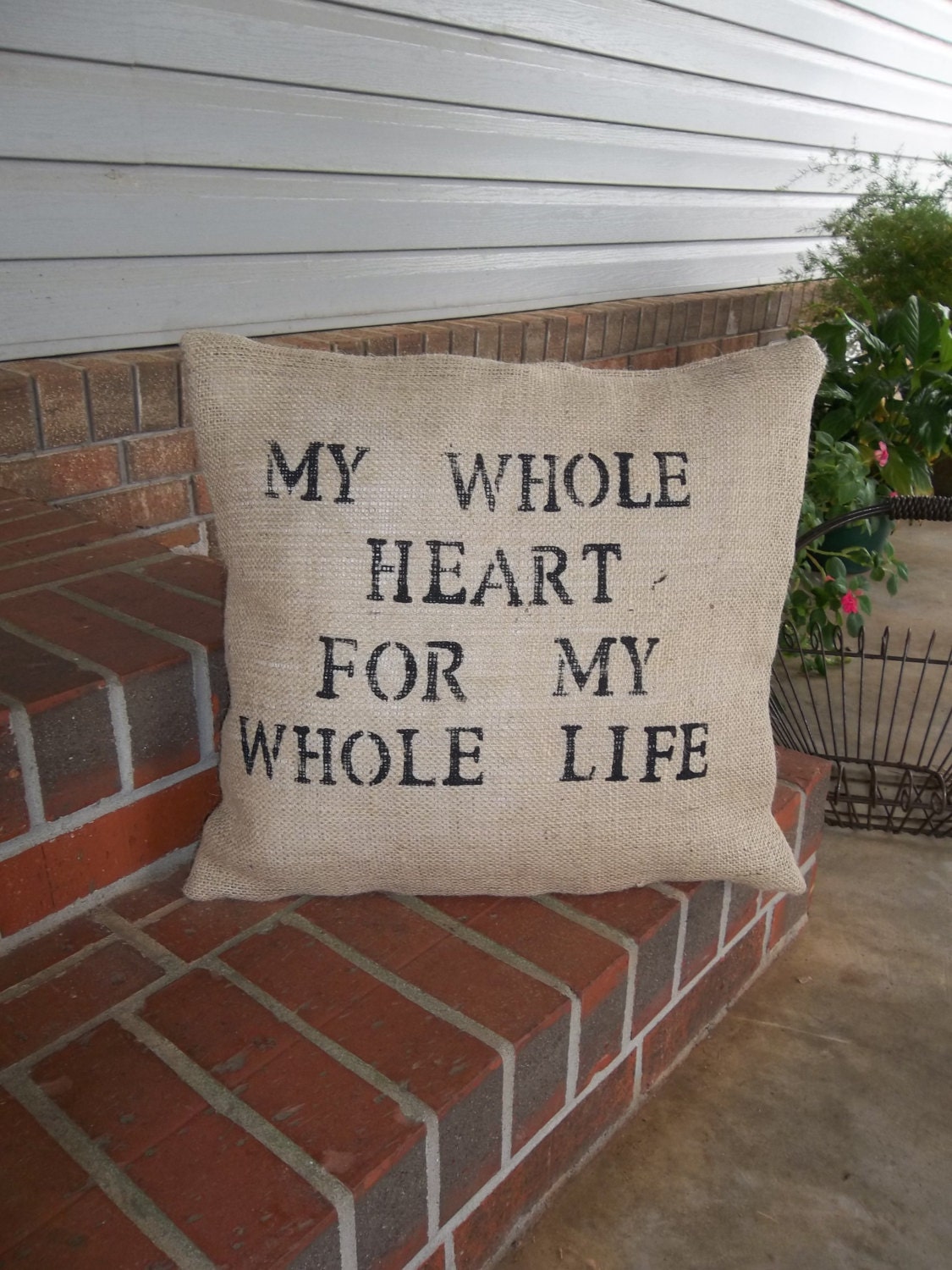 Burlap Pillow Hand Stamped Decorative Pillow Throw My Whole Heart Wedding Decor French Country Farmhouse Pottery Barn Style