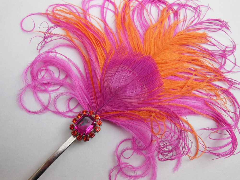 Hot Pink, Tangerine Orange, Peacock Feather Bobbie Pin, Feather Fascinator, Hair Accessory. Swarovski Crystal, Bridesmaid, Batcakes Couture