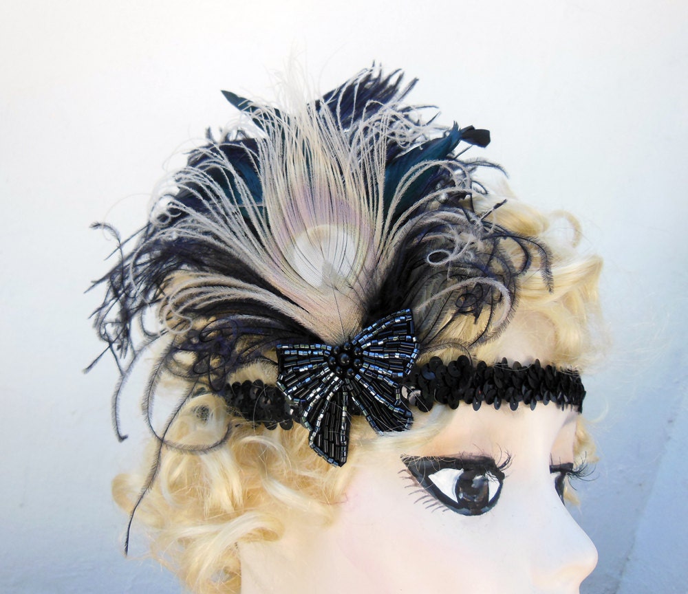 Feather Fascinator, Vintage Beaded Bow,1920's Flapper Headband, Gatsby Costume, Ivory White Peacock, Black Sequins, Hair Accessory