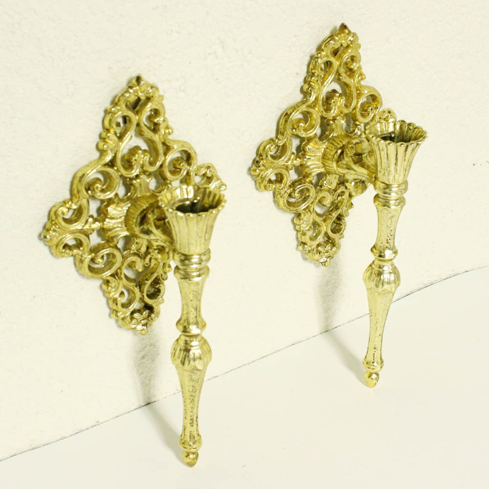 Vintage candle wall sconces - candle holder - metal - gold - ornate - pair - cast iron