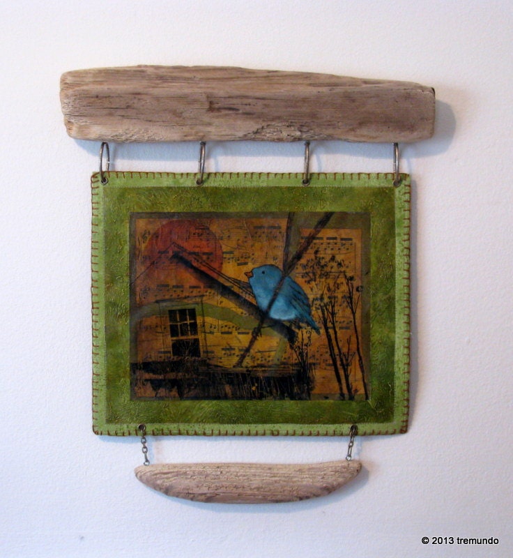birdie birdie sings the blues mixed media wall hanging OOAK by Tremundo