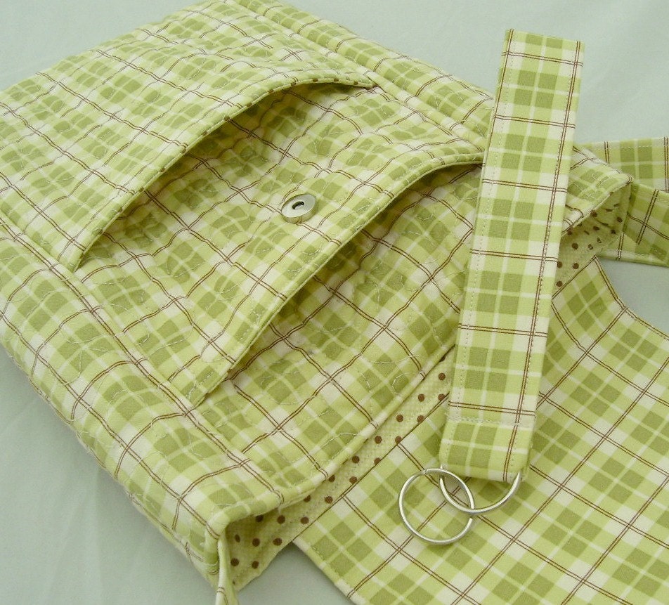 Cross Body Mini Messenger Bag Lime Green Brown Plaid Polka Dots