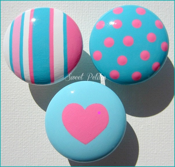 Hand Painted Knobs - Dresser Drawer - Stripes - Polka Dots - Heart - Turquoise Blue - Pink -Drawer Pulls