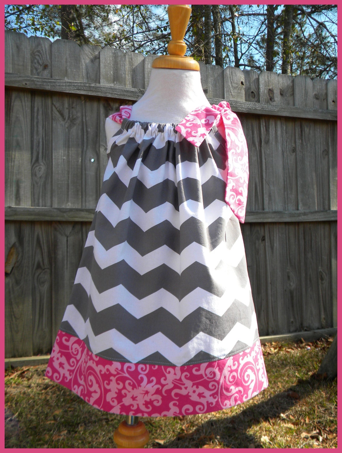 Custom Boutique Grey, White, and Pink Chevron Pillowcase Dress  --  3/6 months - 8 years