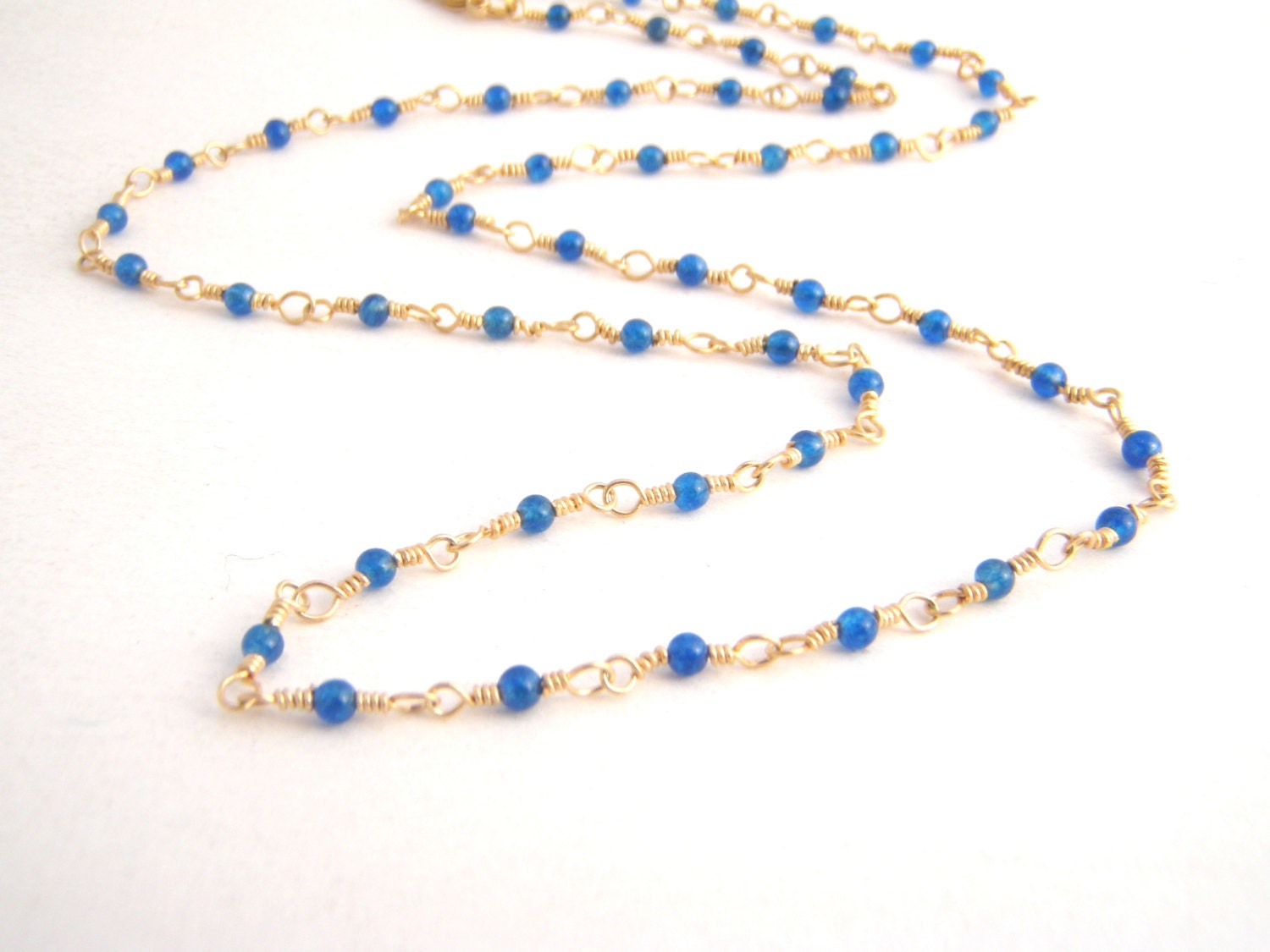 Dark Blue Apatite Necklace - Rosary Style - Gold - Dainty - Wire Wrapped