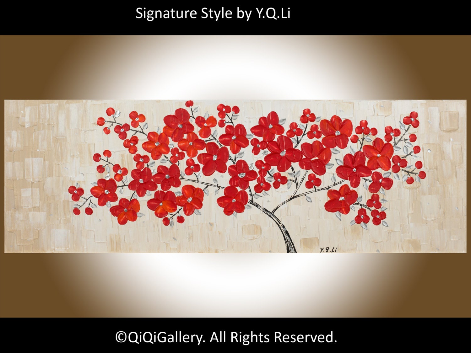 Abstract Landscape Handmade Acrylic Painting Heavy Texture Impasto Tree Palette Knife Wall Décor "Red Blossom" by QIQIGALLERY