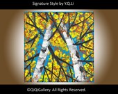 Abstract Landscape Painting Original Modern Textured Palette Knife Blue Sky and  Birch Trees by QiQiGallery