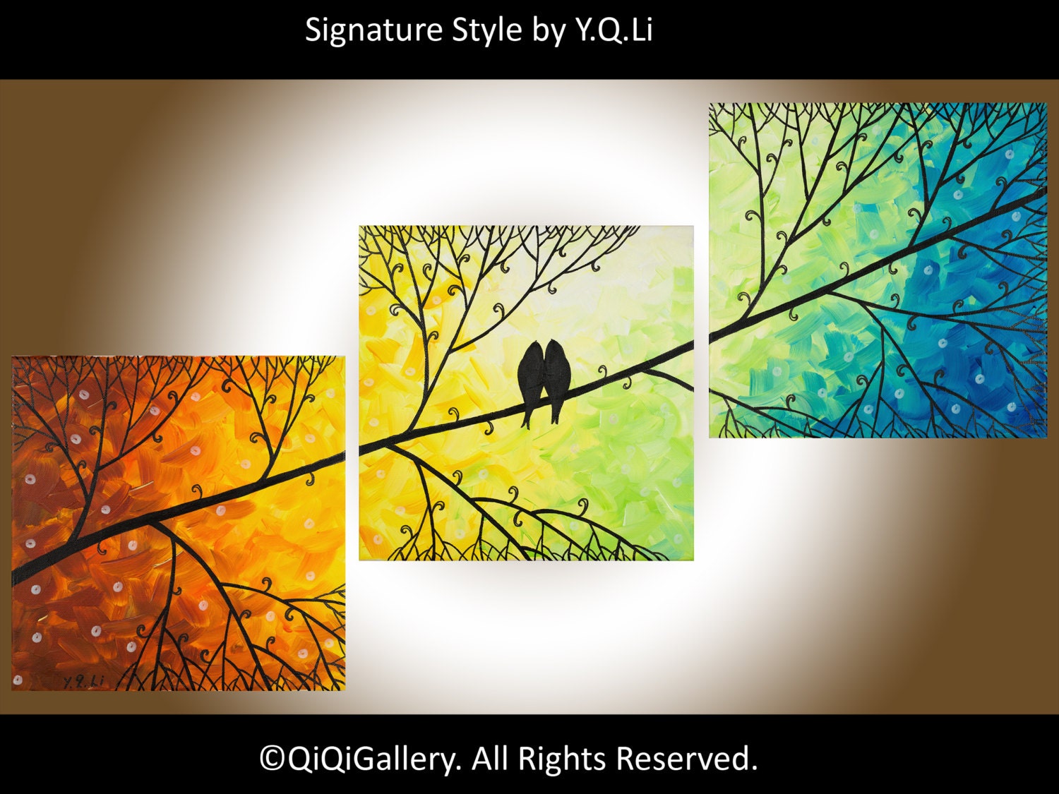 Original Oil Landscape Painting Impasto Love Birds Tree painting Wall Decor "Harmony" by QIQIGALLERY