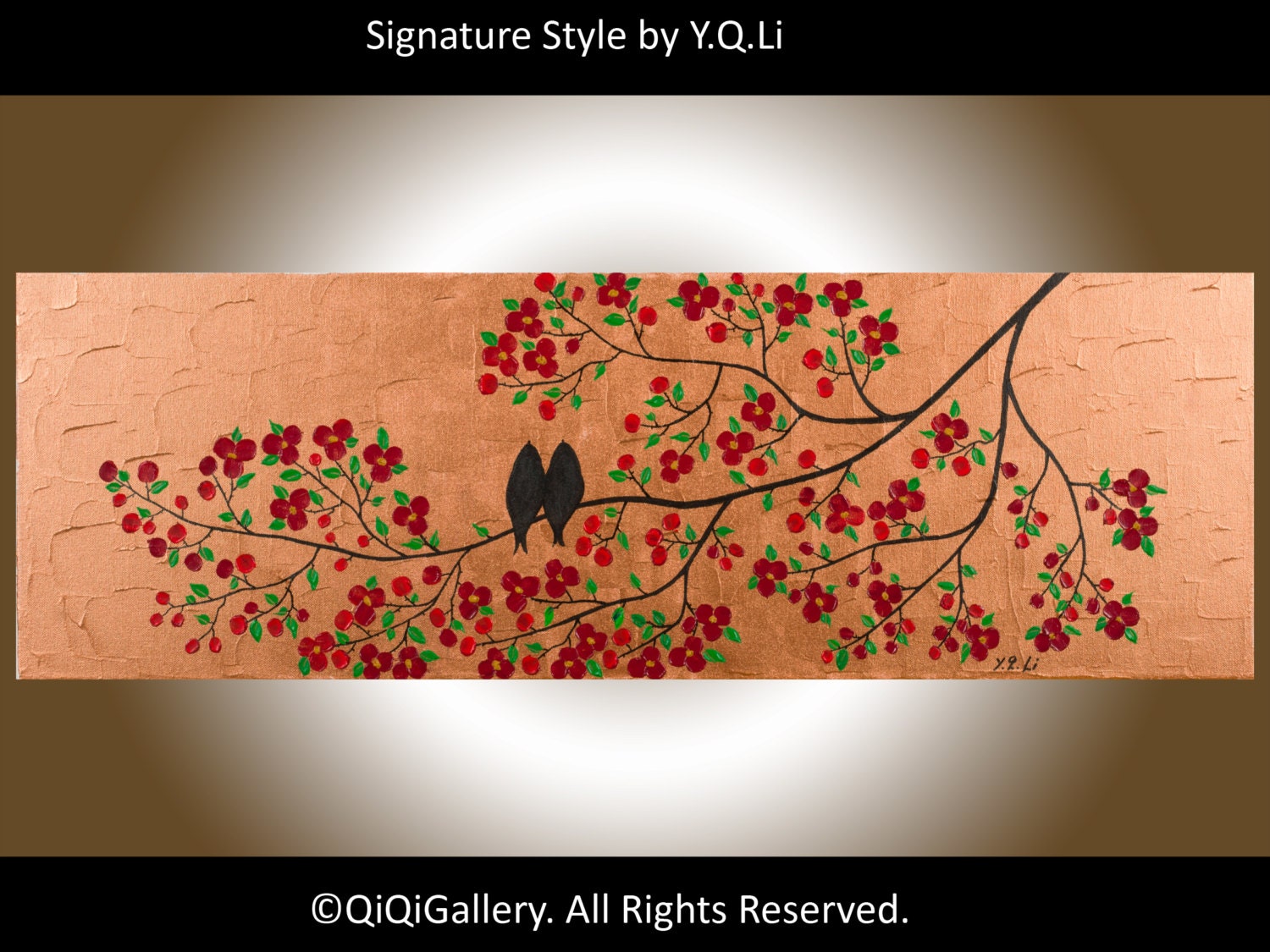 Love birds acrylic Painting Palette Knife Tree Flower Birds landscape painting Wall Hanging art "Copper Blossom"