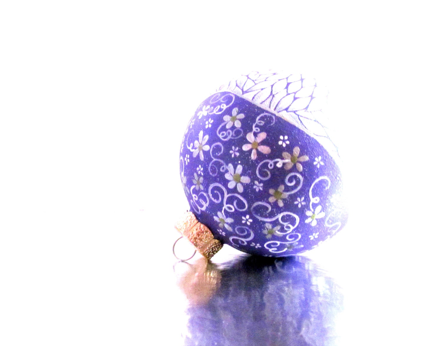 Ornament Purple with White leaves and Flowers: Hand painted Christmas Ornament