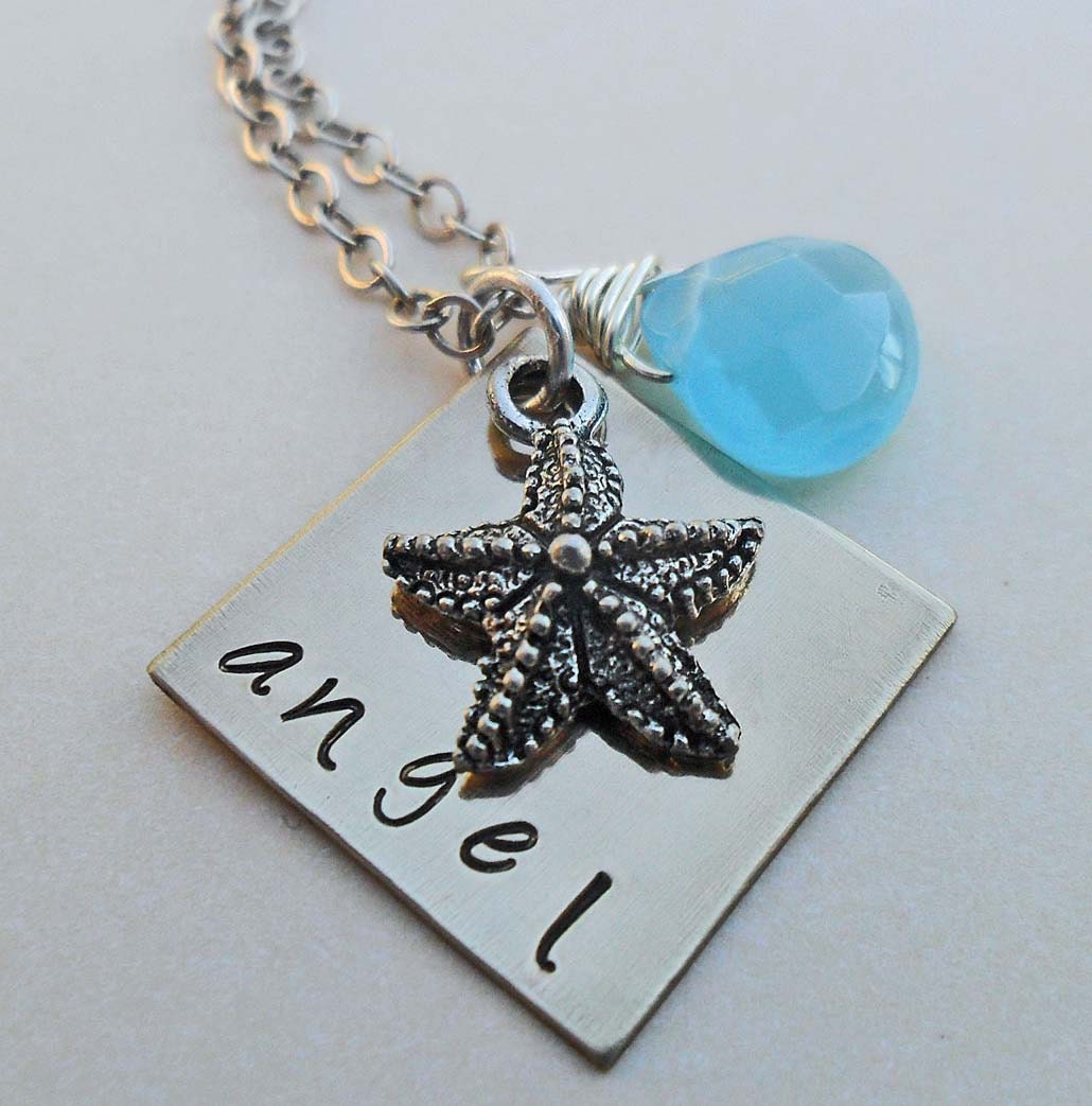 Personalized Name Necklace - I love the Sea - Silver Brass Chalcedony - S 110