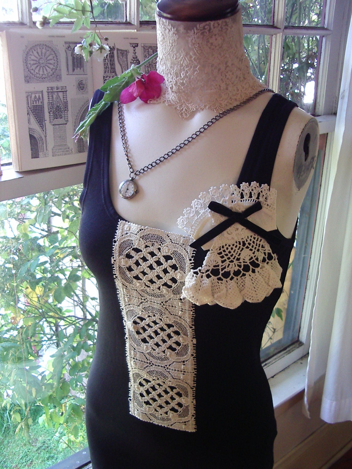 black white boudoir tank top vintage blouse t shirt gothic lolita steampunk extra small medium large