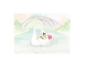 Art PRINT of Watercolor painting Swan and rose shabby cottage chic landscape scene 8x10 Archival