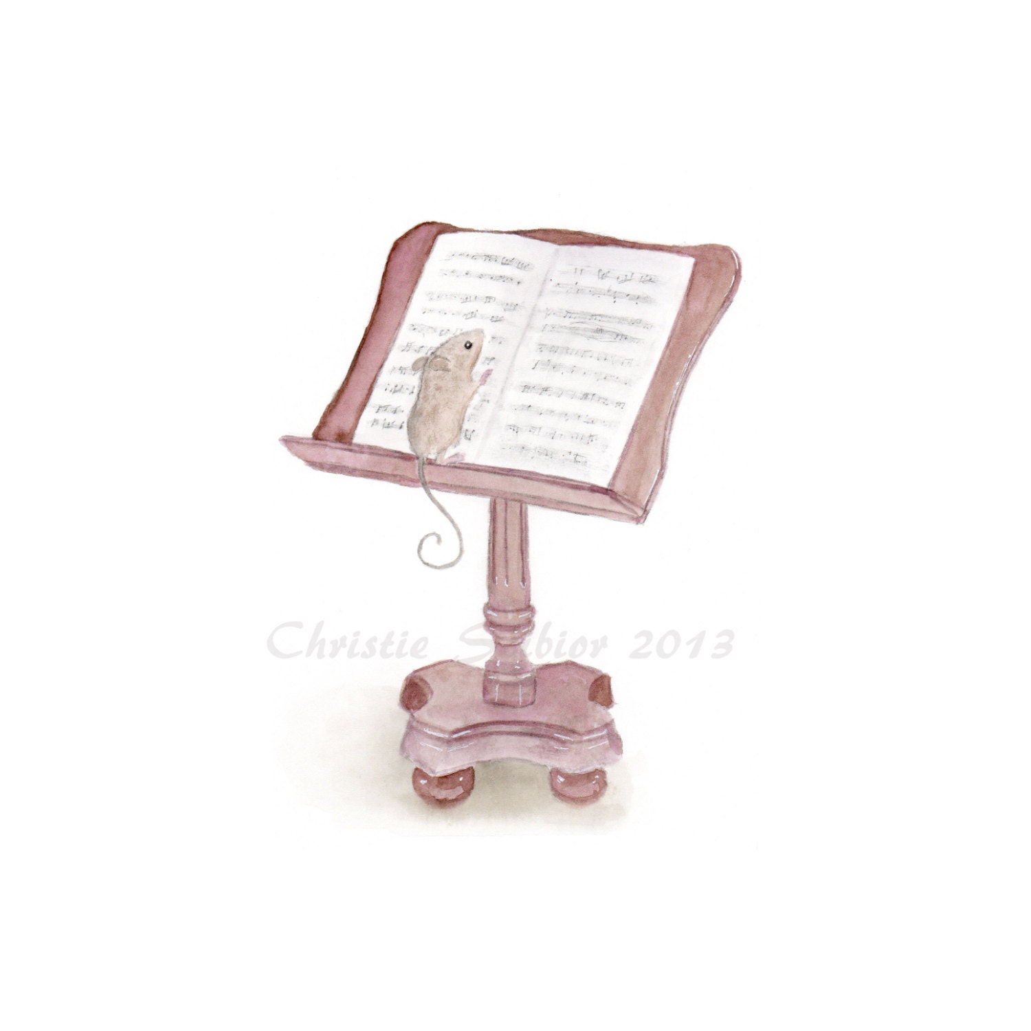 Art PRINT of Watercolor painting Mouse Music donductor animal painting, vintage look music stand 8x10 Archival