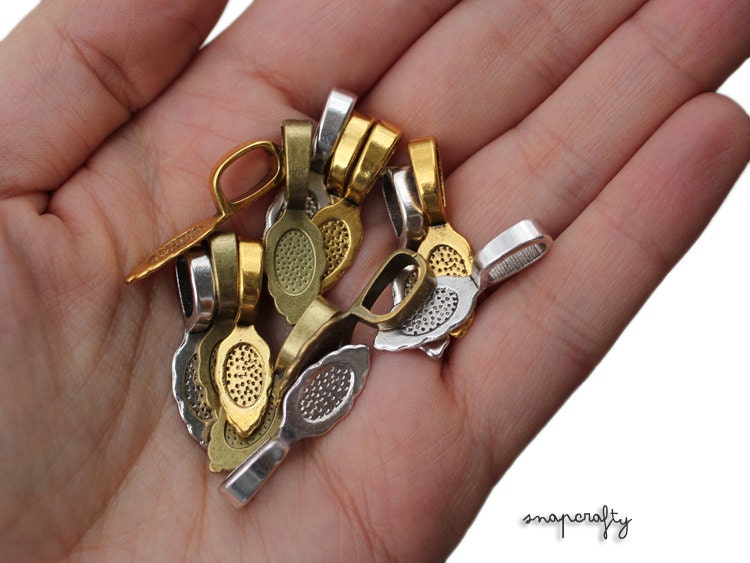 25pc you choose glue-on bail findings, silver, antique brass, raw brass, for making cabochon and cameos into pendants and charms
