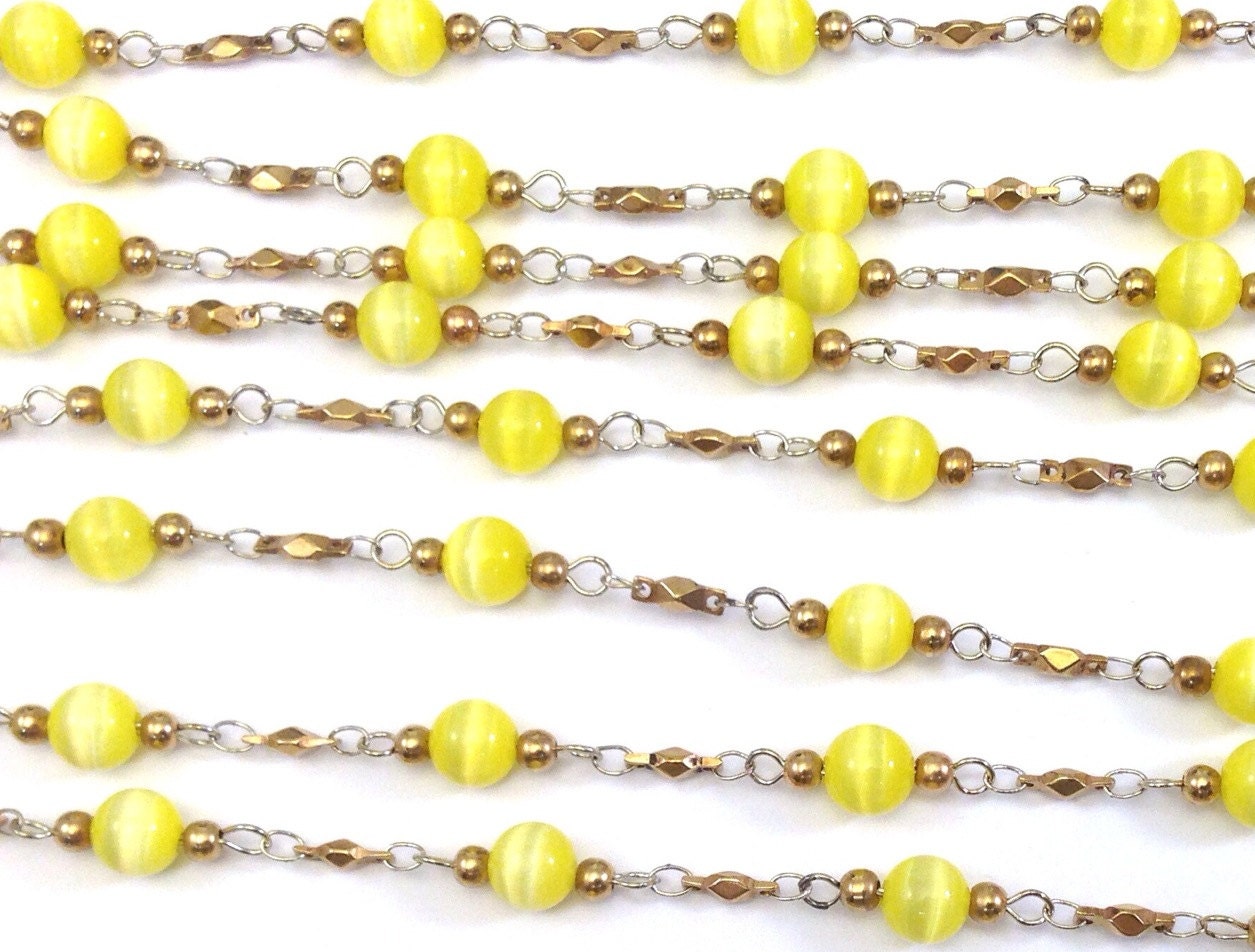 Vintage Yellow 6mm Fiber Optic ("Synthetic Cat's Eye") Glass Bead Chain - Sold by the Foot
