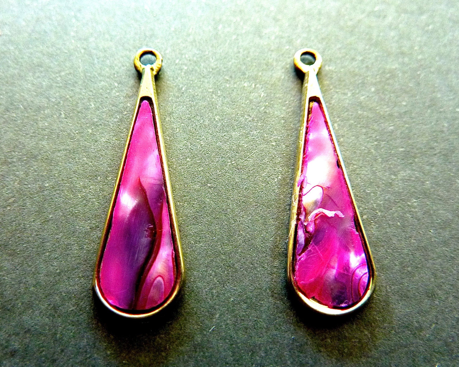 Vintage Fuchsia Mother of Pearl in Silver Plated Setting Pendants / Earring Drops  (2)