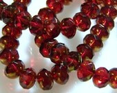 Czech Dark Garnet with Brass 8x6mm Faceted Fire Polished Glass Rondelle Beads (25)
