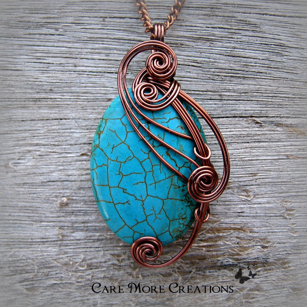 Turquoise Howlite Copper Wire Wrapped Pendant Necklace