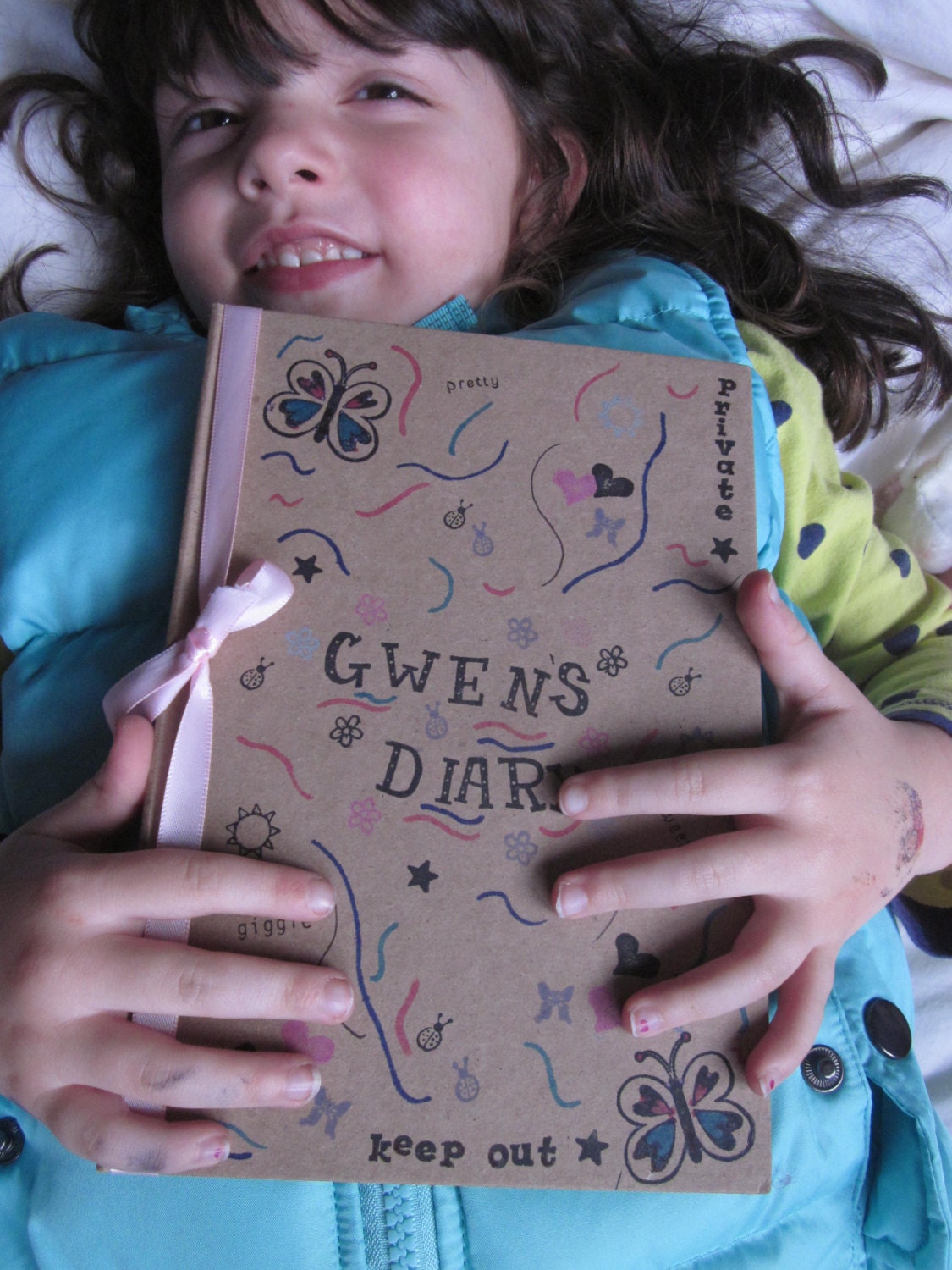 Personalized Girly Diary note book journal. Thought book.  Rubber stamped custom made book