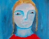 Acrylic Portrait Painting So Blue Girl, Face, Yellow, Blue 6x6 canvas board