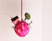 Pink Planet, owls, bird, house, tree. Mobile ornament.