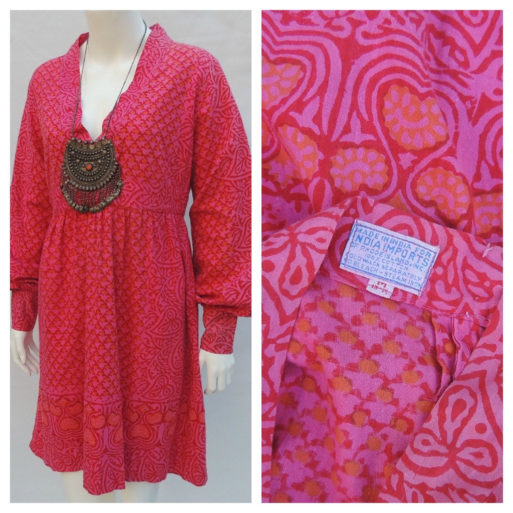Vtg 70s Indian Cotton Empire Waist Mini Dress sz m