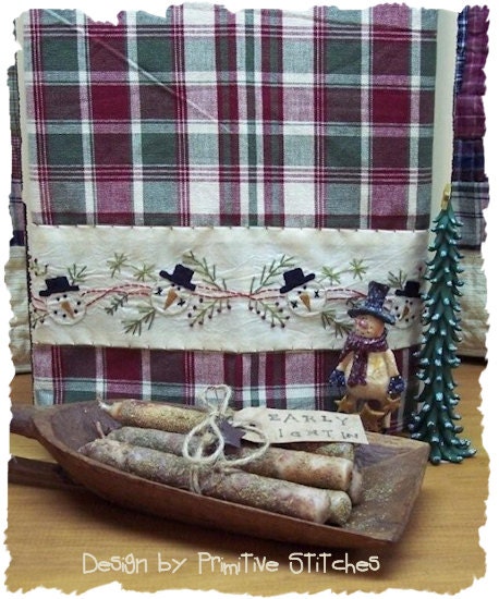 Snowman Garland Towel Band E-PATTERN-Primitive Stitchery Pattern-By Primitive Stitches-Instant Download