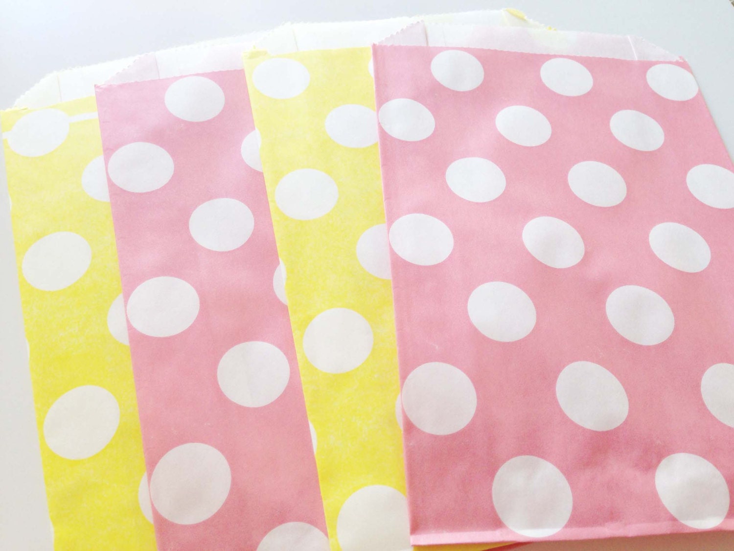 12 Baby Pink & Yellow Combo Polka Dot Spot Paper Favor Candy Bags - Parties, weddings