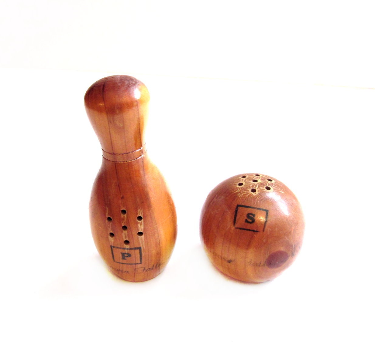 Salt and Pepper Shakers, Wood Bowling Pin / Ball