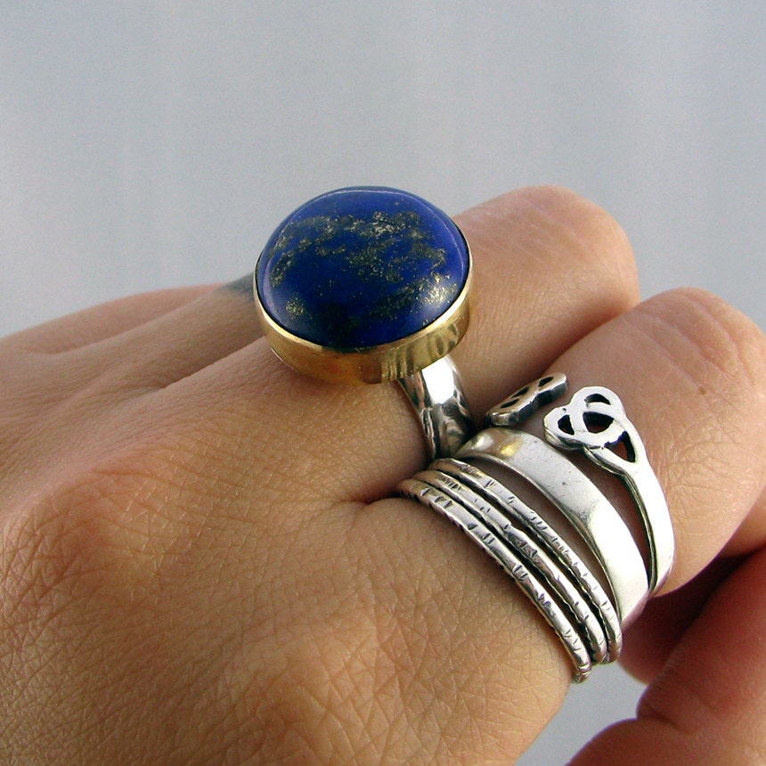 Bright Blue Lapis Lazuli - Sterling and Brass Cocktail Ring