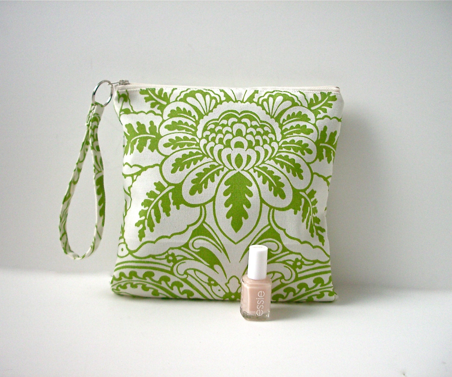 Green Floral Scroll Bag, Make Up Case, Cosmetic Case, Water Resistant Bag, Travel Bag, Re-usable pouch, Women