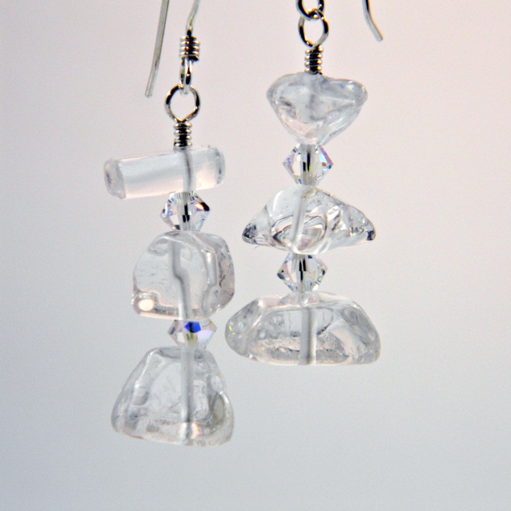 Rock Crystal Nuggets Dangle Earrings- Sterling Silver - Handmade - Clubbing - Trendy - Birthday