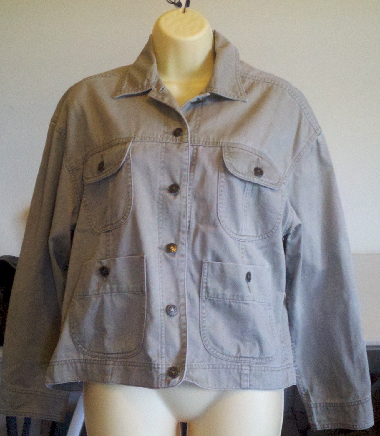 khaki tan button jacket pockets coat womens sz small vintage clothing