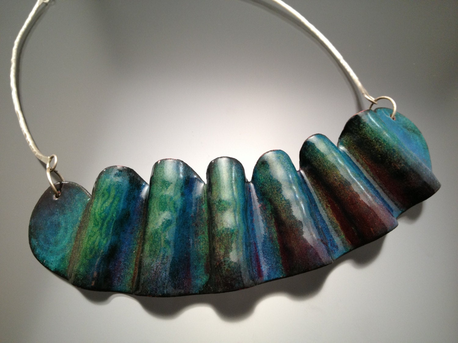 Blue,Green and Violet Enameled Necklace on Forged Sterling Silver Necklace with Adjustable Clasp