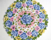 Vintage 1950's Round Floral Handkerchief in Pink, Blue, Yellow, White