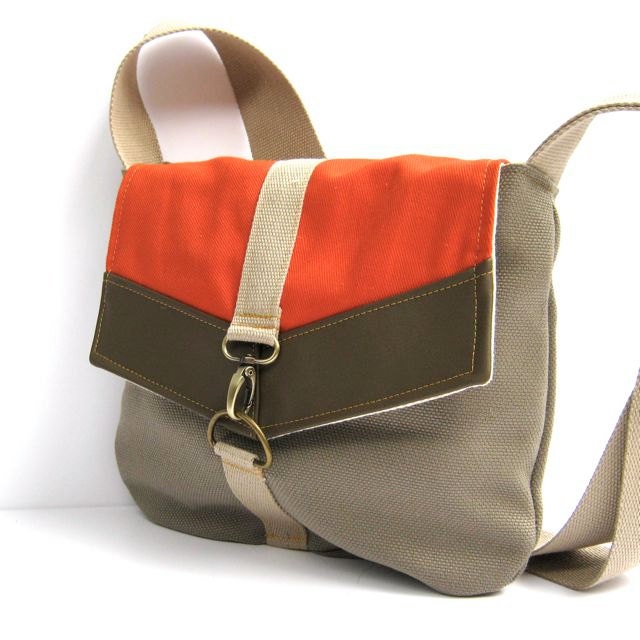 satchel // gray khaki tweed - bright orange canvas - brown vegan leather // crossbody bag - adjustable strap