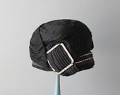 1920s Cloche / Vintage 20s Hat / Paste Buckle Black Silk Satin Flapper Hat