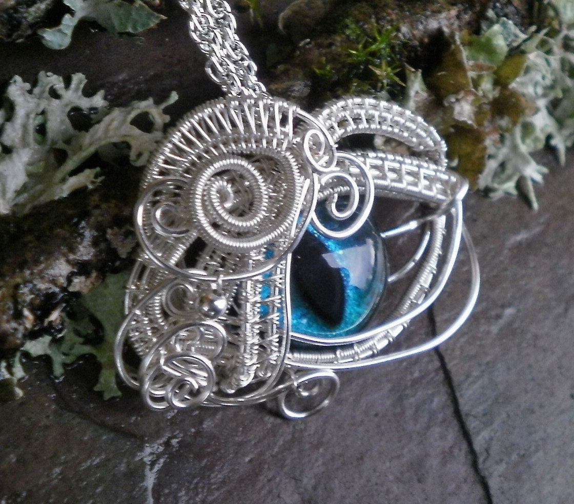 Gothic Steampunk Silver Evil Eye Pendant Blue Green
