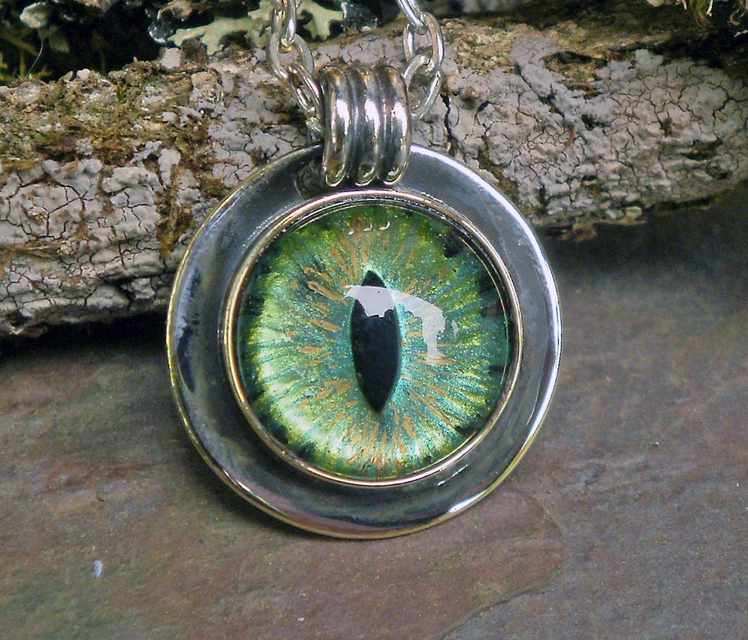 Gothic Steampunk Silver Plate Bezel Cat Evil Eye Pendant