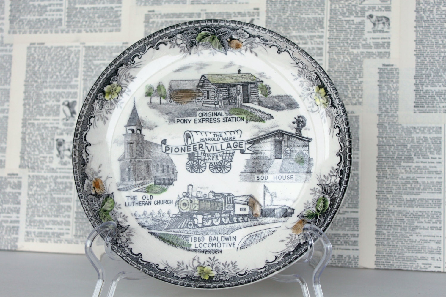 Vintage Souvenir plate Harold Warp Pioneer Village Nebraska transferware Black White